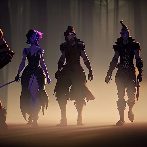 A group of four characters from a fictional book world. A witch, a gladiator, a thief, and an enchanter. The characters are in a dark forest. The characters are shrouded in mystery.