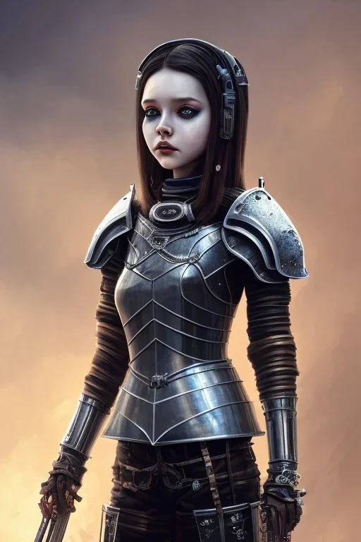 Gaspunk Wednesday Adams, in a black knight armour,a beautiful full frame portrait digital painting of futuristic, wide angle view, close-up, macro lens, centered camera, titanium accents, intricate details, small minutiae, tiny features, particulars, colorful, 8k, least ambient occlusion, volumetric lighting, volumetric clouds