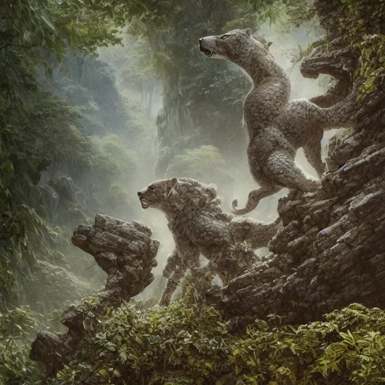 a highly detailed illustration of cougar in battle armor, blue and white, background of Inka jungle, realistic render, 8 k, micro detail, intricate, elegant, centered, digital painting, Artstation, smooth, sharp focus, illustration, artgerm, tomasz alen kopera, peter mohrbacher, donato giancola, joseph christian leyendecker, wlop, boris vallejo