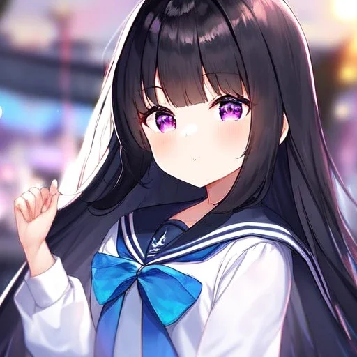 Clear Focus, High resolution, loli girl wearing a sailor school unform, black long fluffy hair, purple eyes,