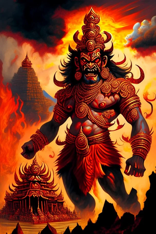 Behold the formidable and fearsome Ravana a malevolent rakshasa of the highest order reigning supreme over the mystical and enigmatic isle of Lanka with his numerous diabolical heads, looming over the fiery and chaotic landscape, the scene is depicted in a digital painting with intricate details inspired by hindu mythology and art style of raja ravi varma, with sharp focus and warm lighting, additional reference artists include sanjay patel, abhishek singh, and tracie ching. trending on artstati