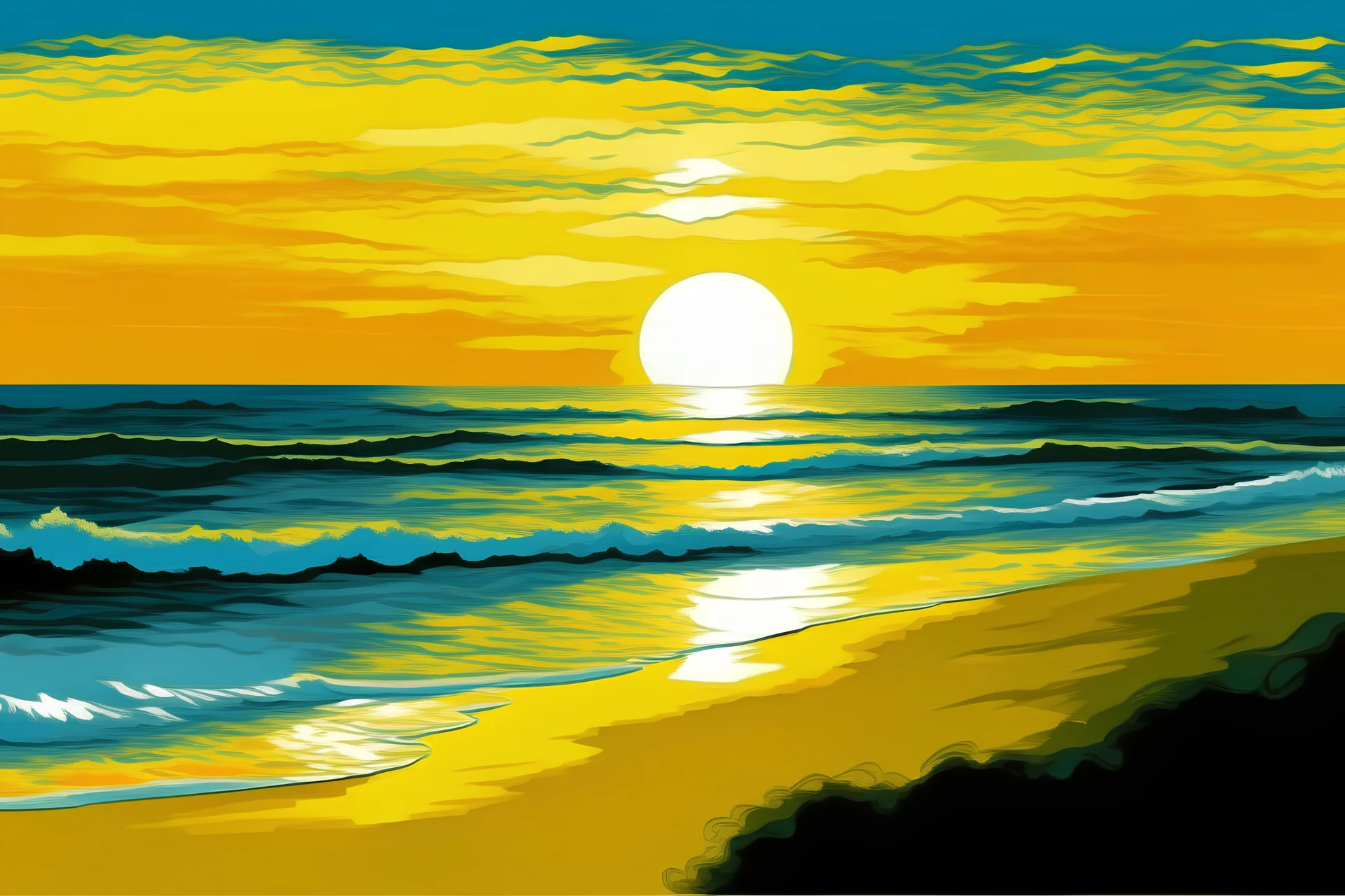 plano general de atardecer en la playa con el mar de fondo al estilo de Claude Monet