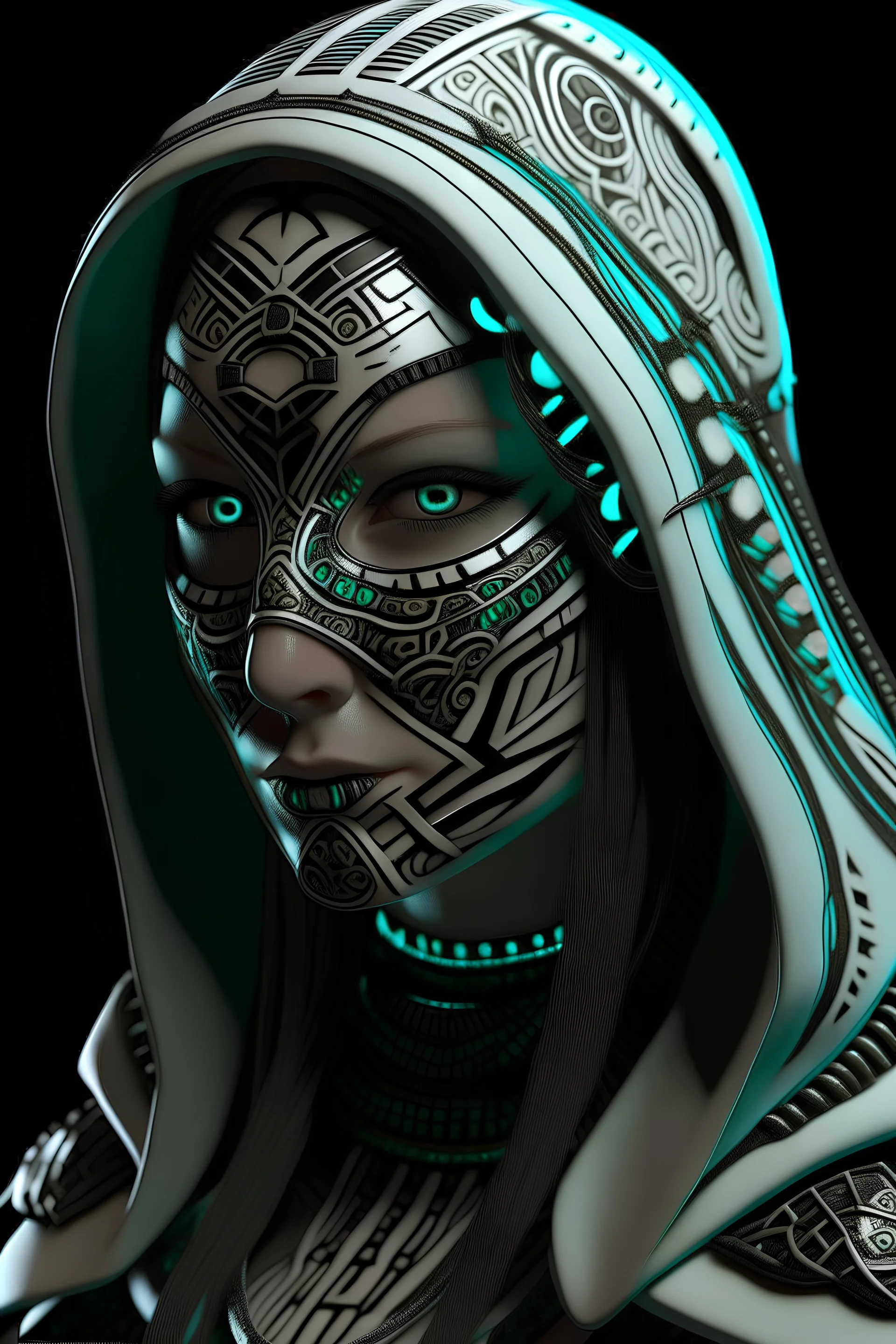 female, shinobi, halfmask oni, white hood, glowing runes, nordic runes, turquoise runes, full black eyes, hard-edge style,highly detailed, high details, detailed portrait, masterpiece,ultra detailed, ultra quality