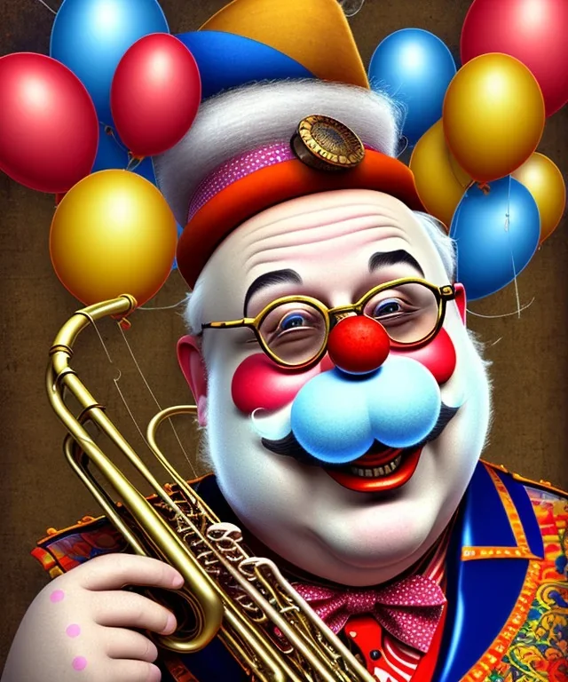 happy old friendly fat clown with round head and trimmed beard playing jazz with a steampunk theme, trumpet, circus, realistic