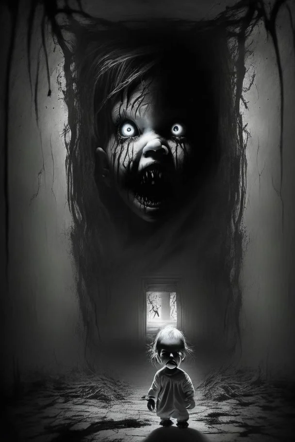 innocent child birthed into a nightmare world, terrifying unfamiliar ominous surroundings, dark scary figures looming