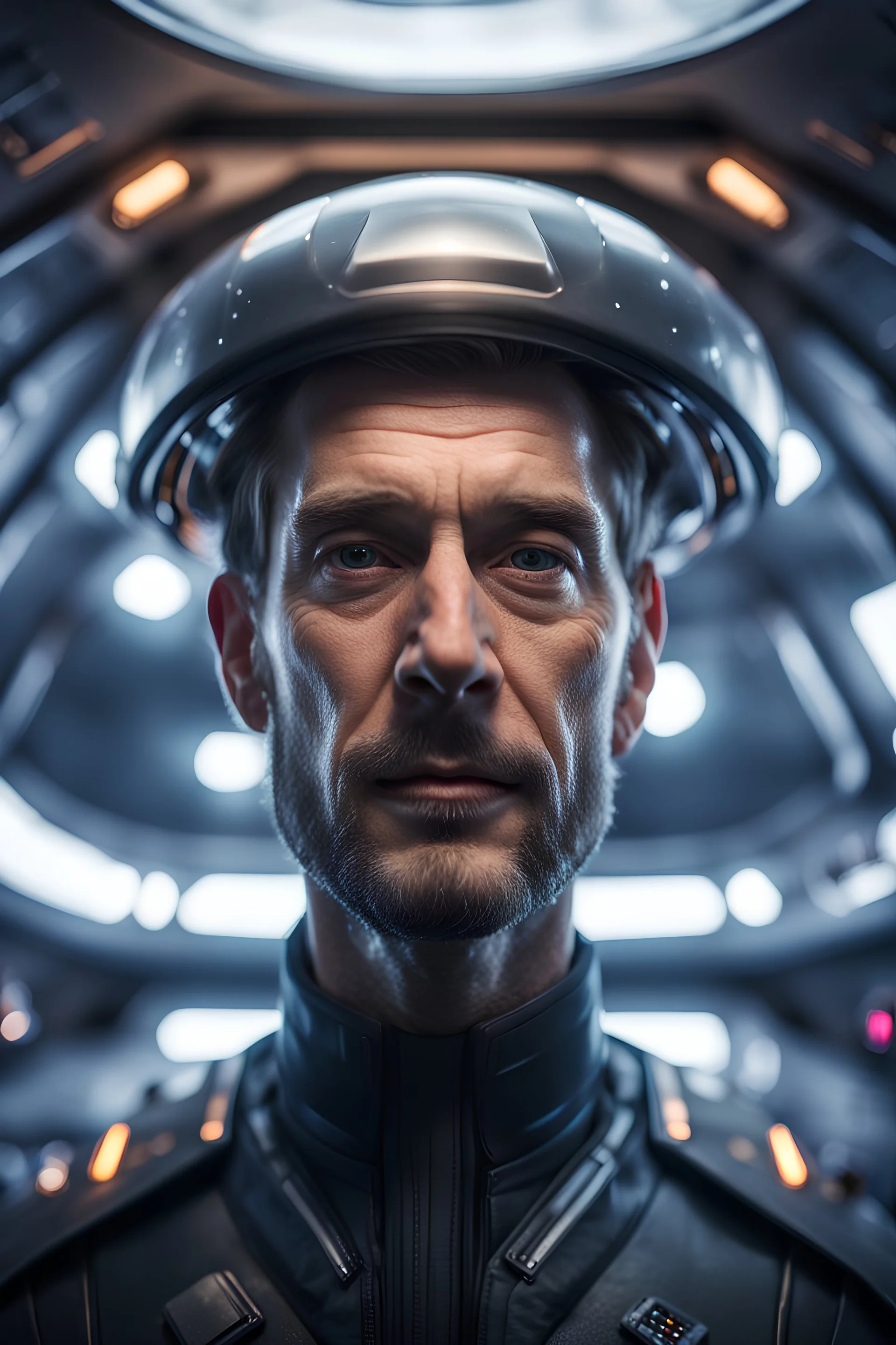 portrait of captain on a misty catamaran dome modular house sub that looks like a dark twisted alien space ship with spotlights, in advanced hi tech dock, bokeh like f/0.8, tilt-shift lens 8k, high detail, smooth render, down-light, unreal engine, prize winning