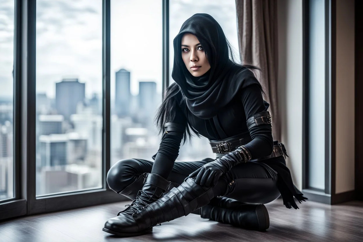 long boots portrait of ninja crow pretty woman hypnotic kind eyes in front of window