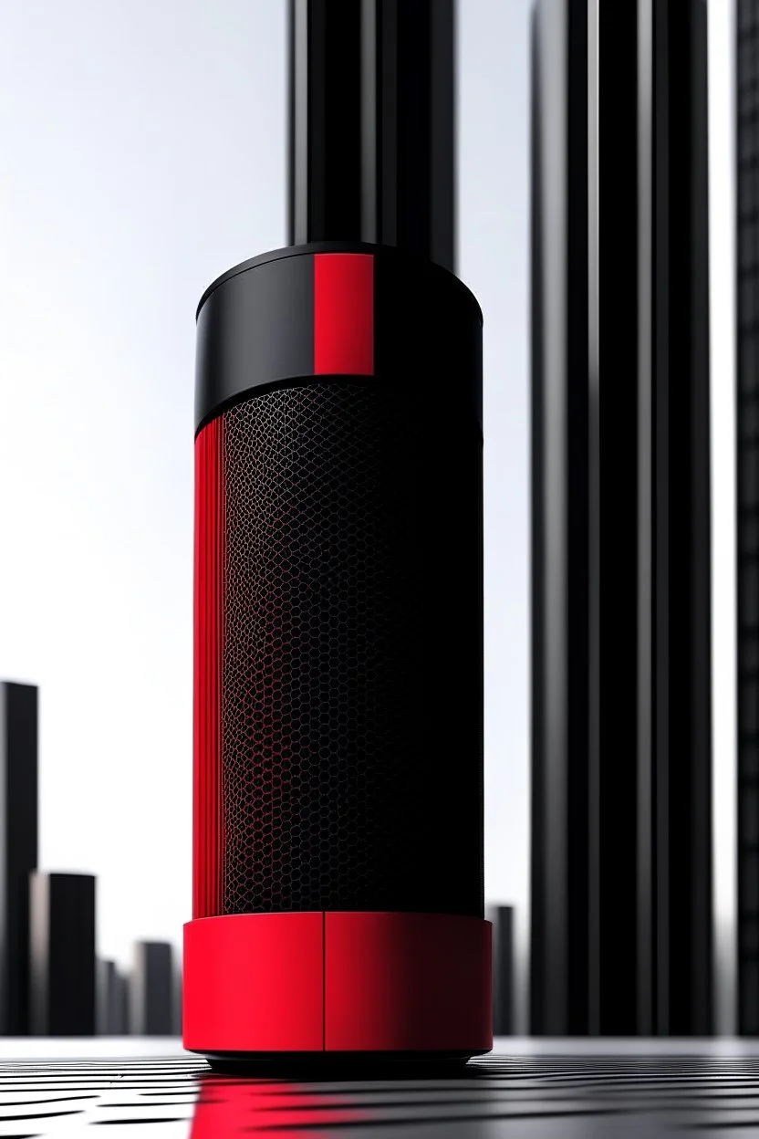 portable speaker, form inspired by merdeka 118 tower , architecture form, geometric design style and black and red color