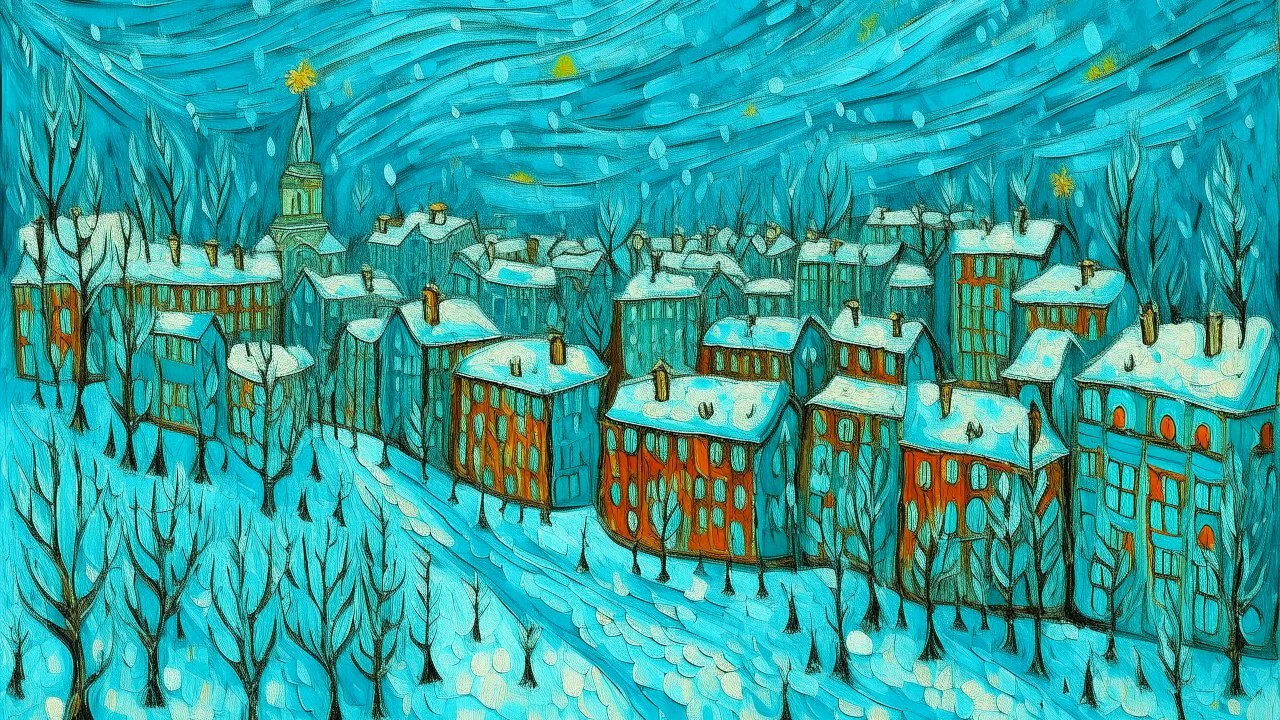A cyan city in winter season with falling snowflakes painted by Vincent van Gogh