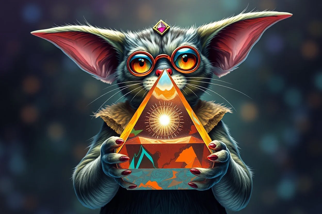 airbrush with pen outline, gremlin cat pimp holding a big reflective prismatic pyramid with orb containing plasma in the style of Escher , bokeh like f/0.8, tilt-shift lens 8k, high detail, smooth render, down-light, unreal engine, prize winning