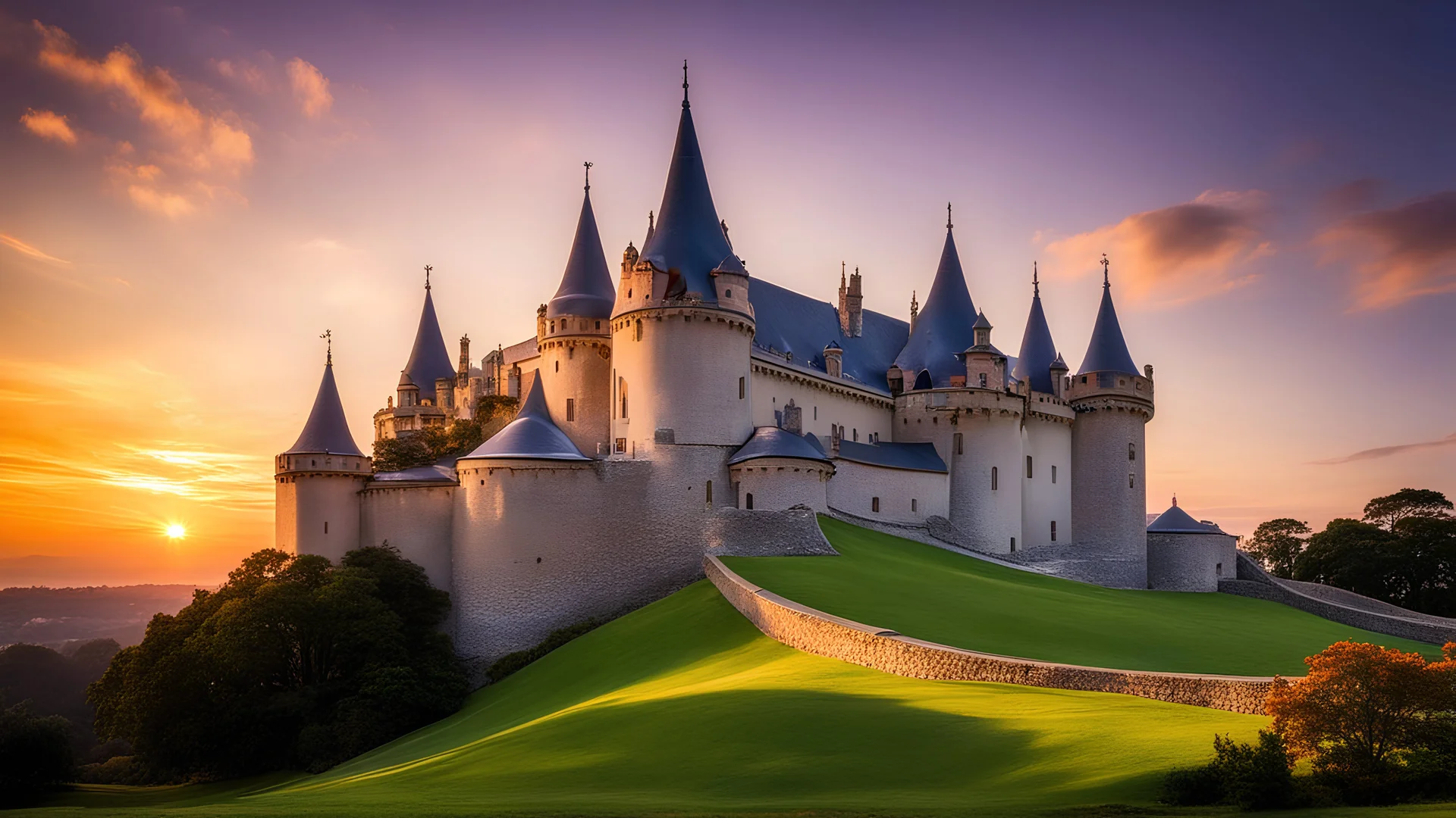 8001, delightful, sensitive, confident, undulating sinusoidal castle with hyperbolic roofs, delicate, sunset, architecture, award-winning photograph, beautiful composition, filled with beautiful detail, delicate colour, chiaroscuro