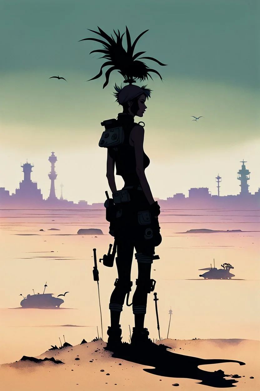 Amidst the surreal and mutant landscape, a peculiar figure stood at the center of the unfolding tableau, a solitary beacon of audacity amidst the strange beauty of this world. It was Tank Girl, her silhouette unmistakable even from afar, a distant enigma in this surreal realm. From my elevated vantage point, she appeared as a lone wanderer, a tiny but defiant figure amidst the contorted flora and nightmarish creatures that inhabited the mutant environment. Her tank, an eccentric marvel of defian