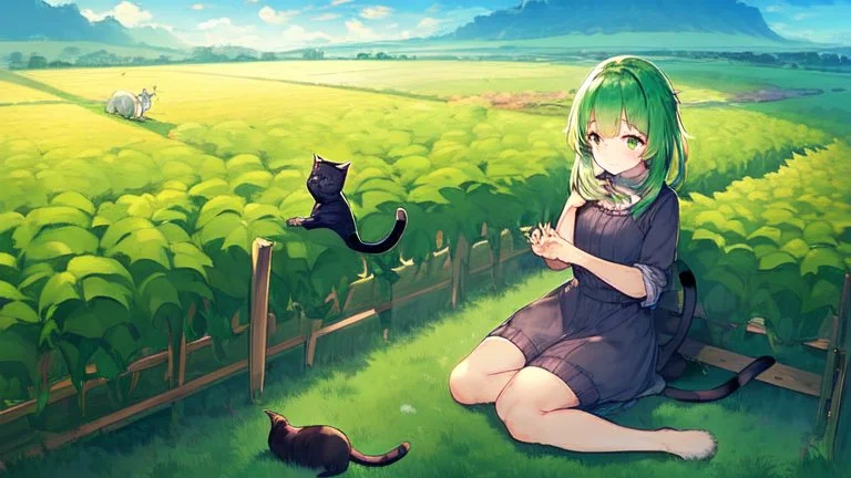 Girl, green hair, cat paws in hand, farm, sit, cat paws in feet, blushed