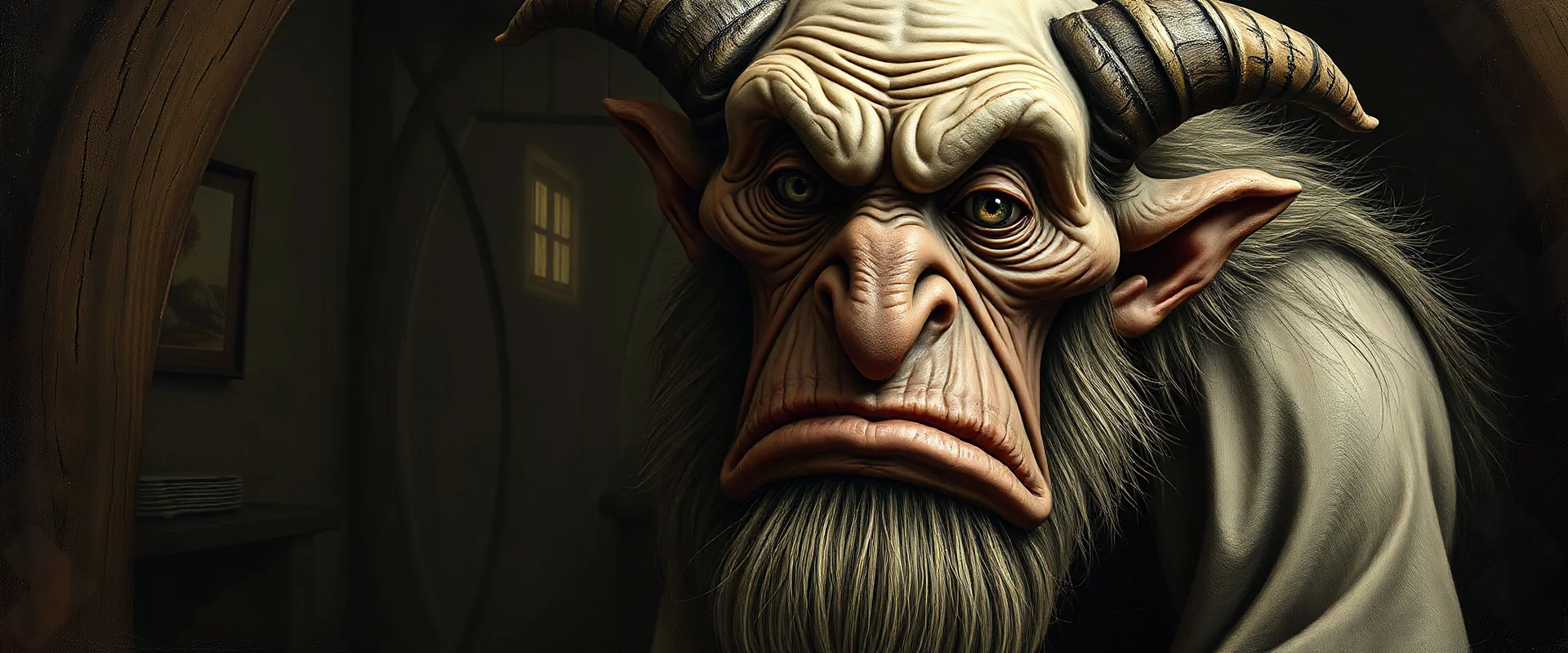 amish sad troll lurks here.., painted by Rembrandt, Escher and Giger