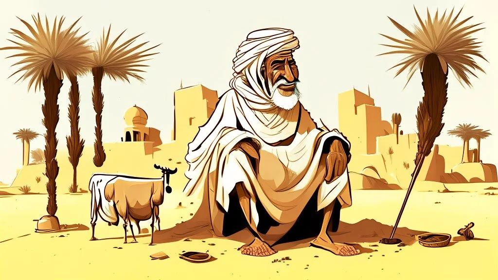 Old man, Arab, turban, white clothes, cattle, desert, council, sun, palm trees, mud houses, holding a stick, looking forward, a very slight smile.cartoon,Sitting on a chair,long beard,Mouth slightly open