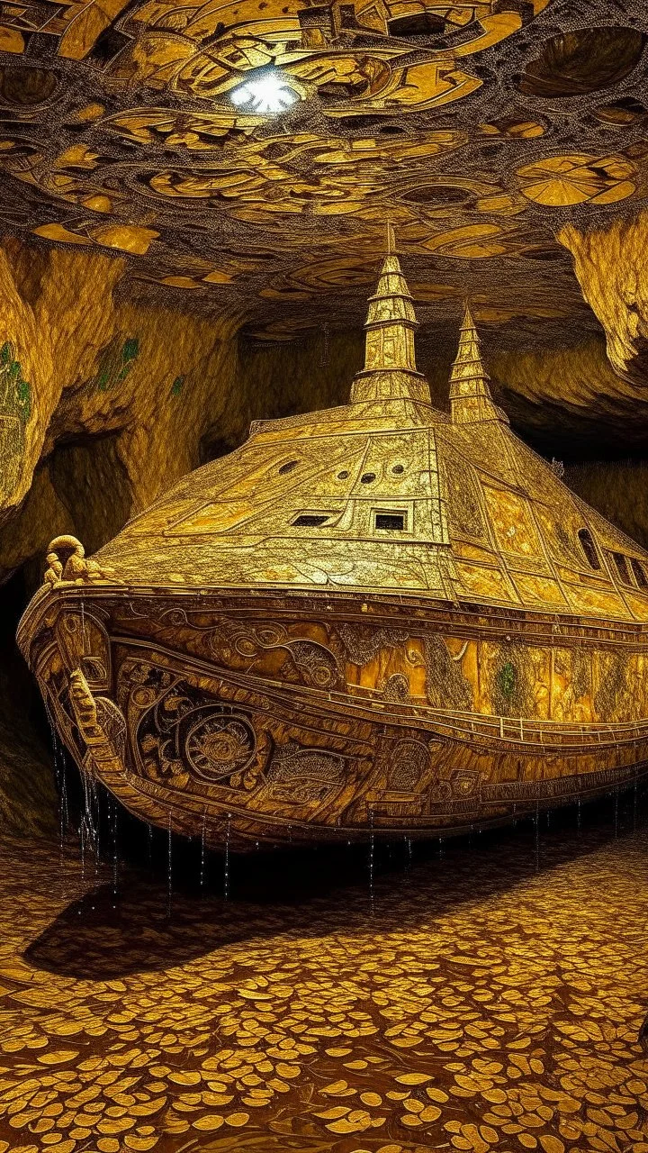 A golden creepy cavern with a broken pirate ship designed in ancient Roman mosaics painted by Gustav Klimt