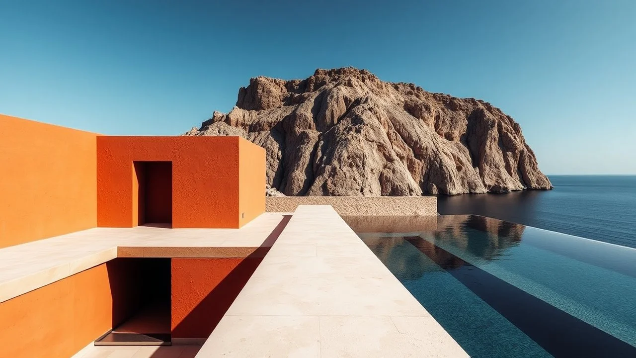 A stark, modern architectural structure with bold, rough-textured terracotta orange walls dominates the left side of the image. The building features deep, angular recesses and a dark, empty doorway, creating a sense of minimalist drama. A light-colored, textured walkway extends from the building towards the right, leading to an infinity pool with dark, reflective water. The pool's edge seems to merge seamlessly with the vast expanse of the sea. In the background, a dramatic, rocky cliff face ri