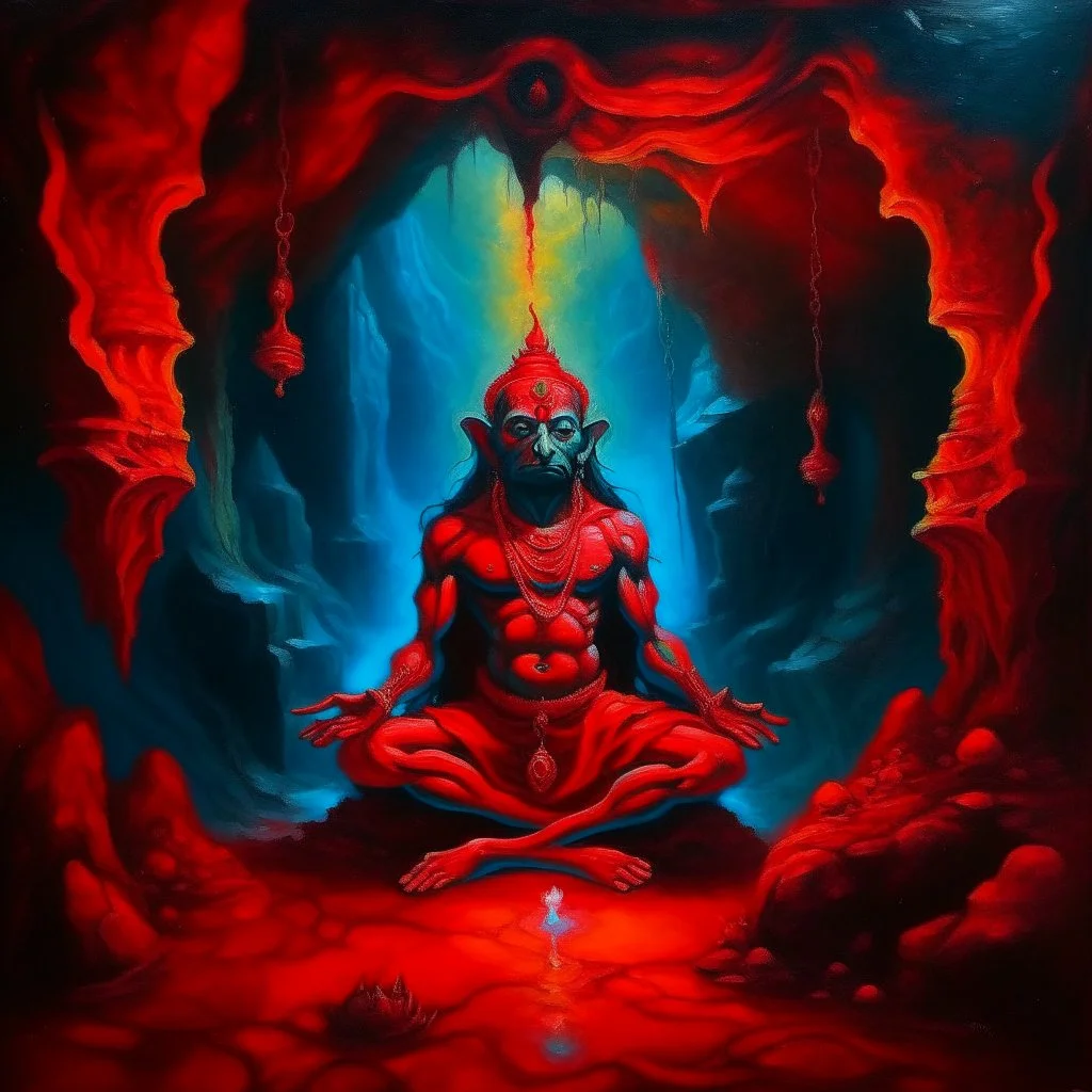 An oil painting of hindu god YAMA in a cave, neon red colors, high detail