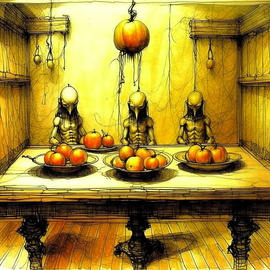 Arthur Rackham Apples. Pears. Grapes. Dishes. Oranges. Wood table.
