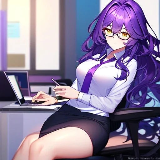 Clear focus, 8k, high quality, detailed, beautiful lighting, girl, vibrant colors, purple long hair, vibrant golden eyes, office clothes, purple glasses, messy hair, sitting,