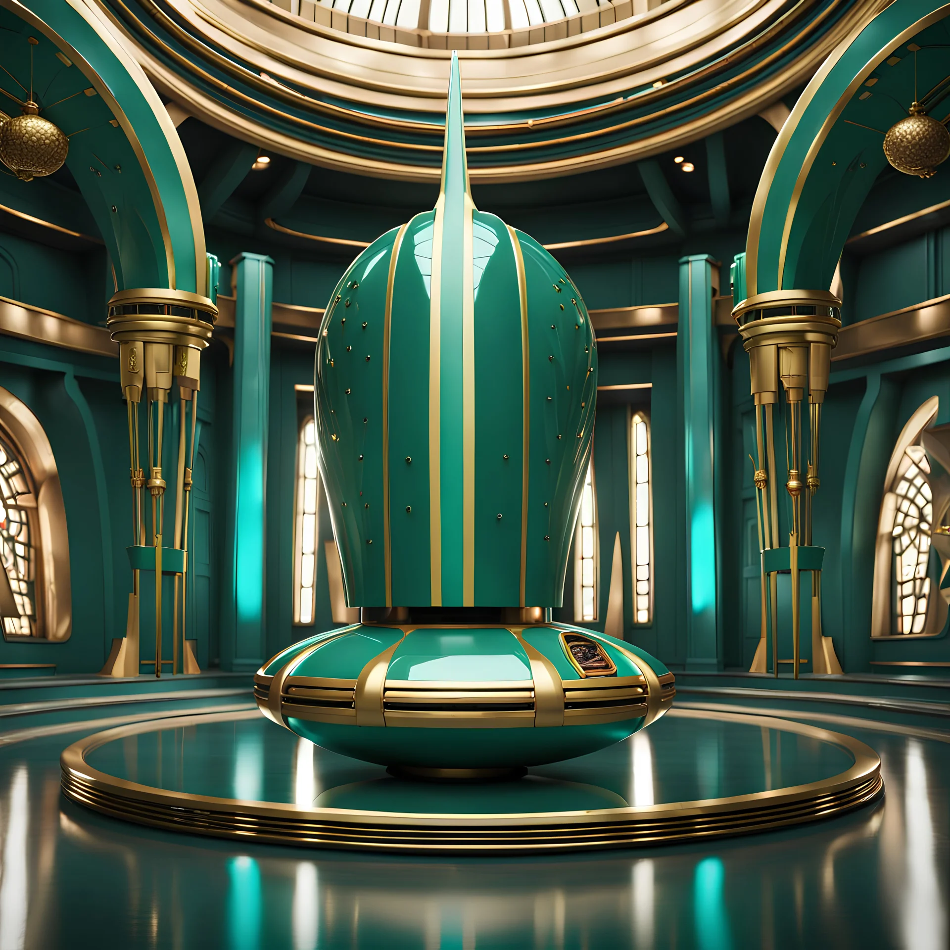 stunning hyper-realistic render of a sleek and elegant Naboo staryacht in pearlescent teal green with gold trim sitting in ancient jedi temple hangar, fully symmetric details