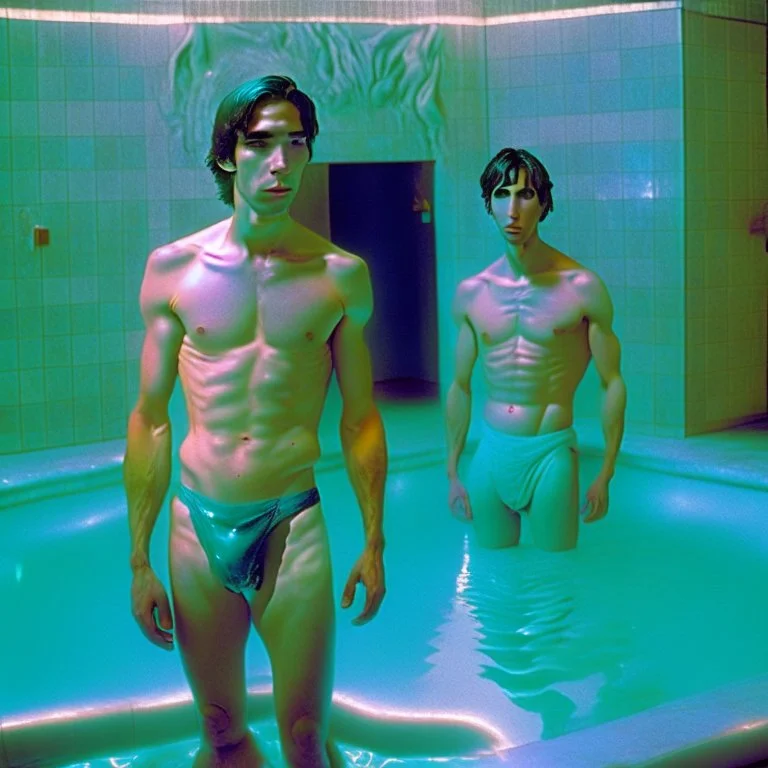 Handsom Justin long and his buff boyfriend are above thier pool roombath spa heater while in tight loincloths and Nickolas is flexing there muscles while illuminated by the ambient teal glowing on the glowing marbled floor made of long flat marble slabs, the ground next to the clinical yard is in the style of primitive art. metalworking mastery, fawncore, the immaculately composed quality of this photo shows the artist was taken with provia, detailed wildlife, isaac grünewald, rustic simplicity