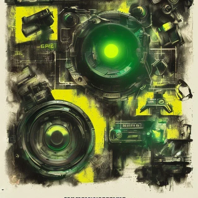 elements of photographic equipment. poster graphics. high detailed. ink and acrylic. black, green and yellow