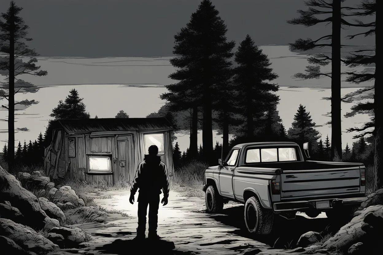 pickup truck, rear, forest, standing, silhouette, comic book,post-apocalypse, gray background, night time,
