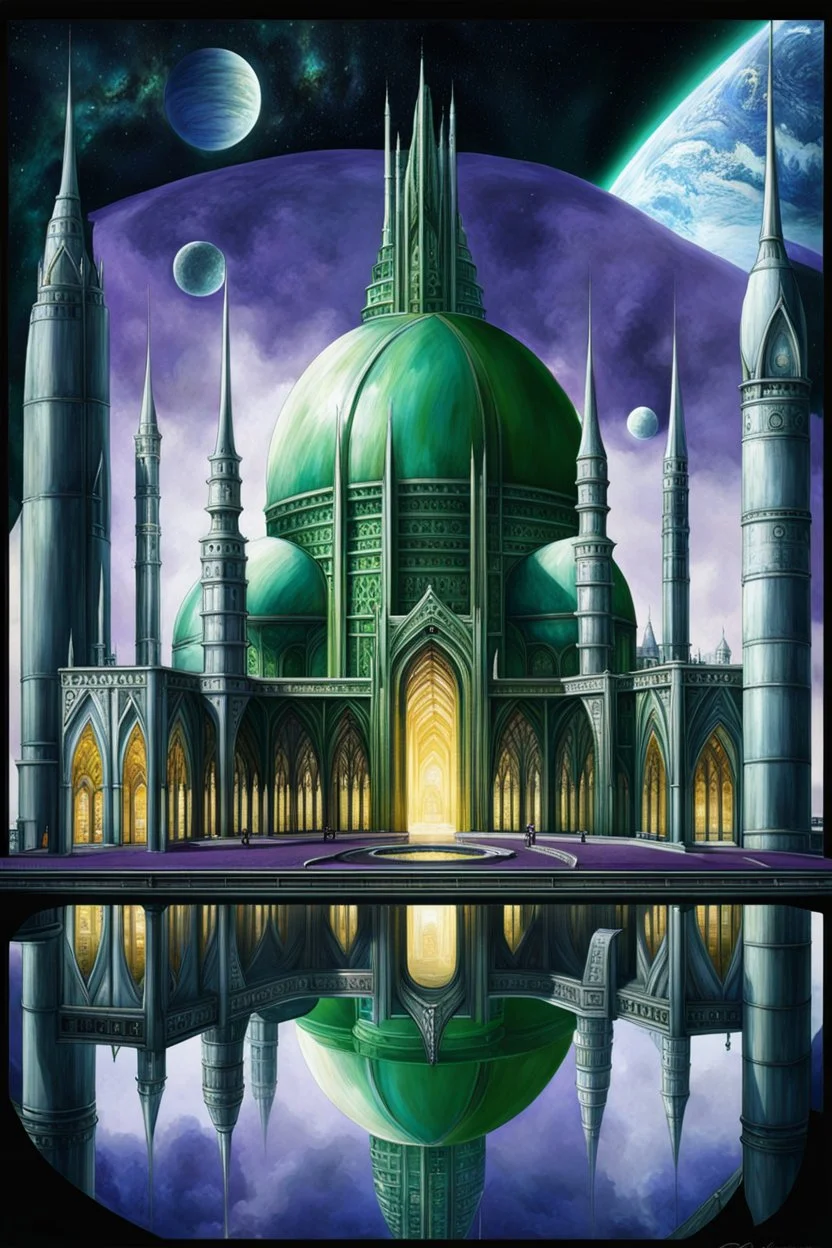 space station, Scifi City, Architecture, elvish, gothic, marble spires, domes metallic, reflections, glinting, hot sun, harsh bright light purple, green, white preraphaelite, romanticism, oil painting, anime, cell shading, dark souls silver details painting, art masterpiece, shadows, expert, insanely detailed, 4k resolution, intricate detalied, high textures, photorealistic