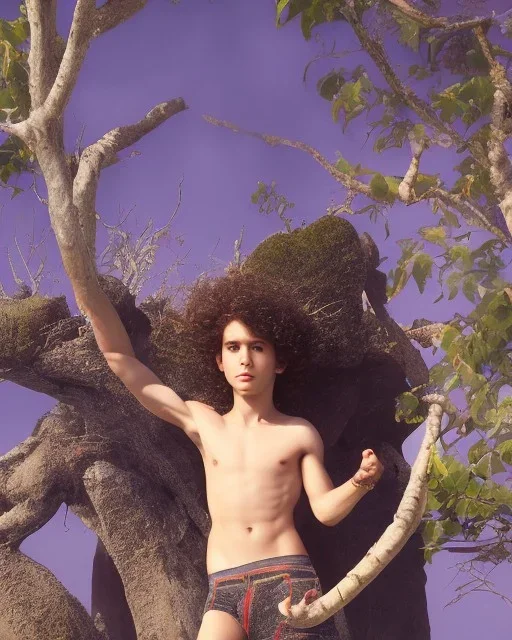 beautiful 12 year old arabic boy with long, curly hair and light blue eyes,shirtless, in front of a distant mango tree