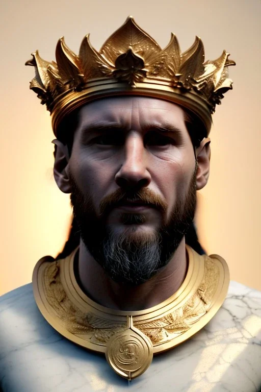 Realistic image, sculpture, white marble material with gold veins, Lionel Messi, gold laurel leaves crown, gold ornaments, Renaissance style, sun rays background, waist up portrait, epic, celestial, cinematic lighting, God lights, 4k resolution, smooth details, soft lighting, unreal engine 5, art station, substance 3d.