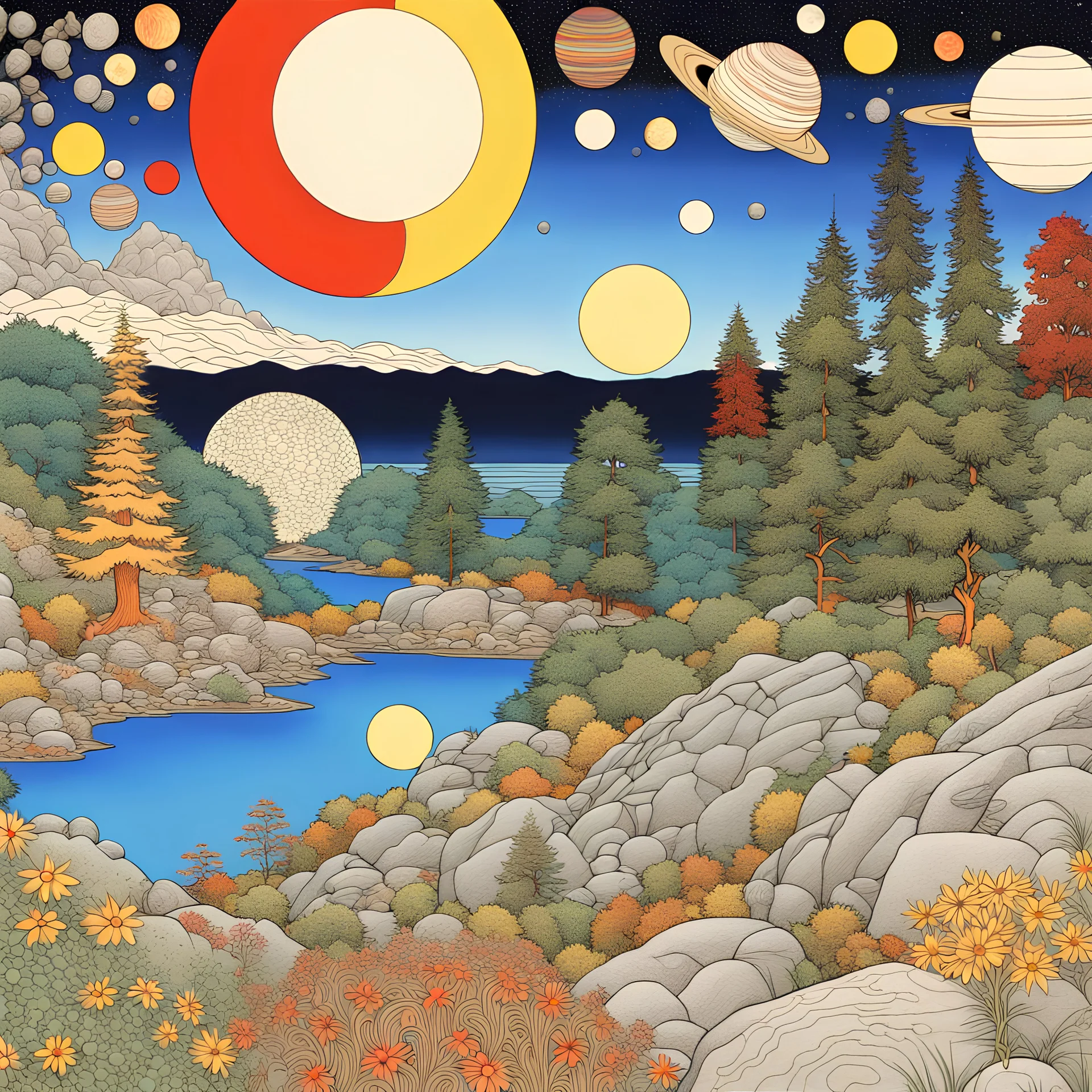 Colourful, peaceful, Max Ernst, Gustav Klimt, Egon Schiele, Hiroshige, night sky filled with planets and stars, trees, rocks, flowers, one-line drawing, sharp focus, 8k, 3d, intricate, ornate