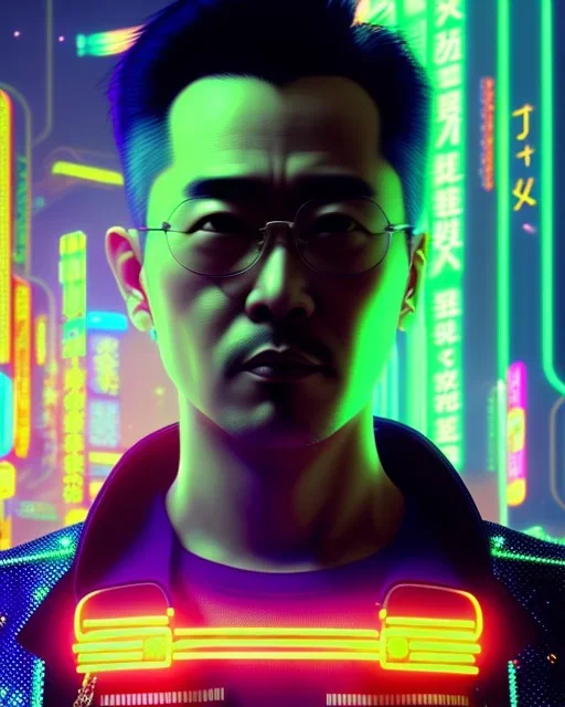 kyoto animation, cool asian man wearing cyberpunk intricate warcore, neon lighting tubes, beautiful, detailed portrait, cell shaded, 4 k, concept art, by wlop, ilya kuvshinov, artgerm, krenz cushart, greg rutkowski, pixiv. cinematic dramatic atmosphere, sharp focus, volumetric lighting, cinematic lighting, studio quality