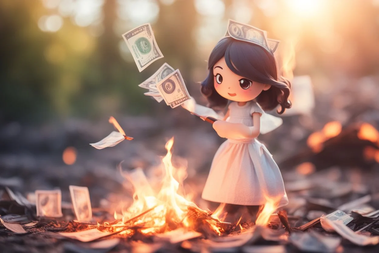 paper money stacks, cute chibi brunette princess desperately throwing a pile of paper money onto a burning bonfire with a pitchfork in sunshine, ethereal, cinematic postprocessing, bokeh, dof