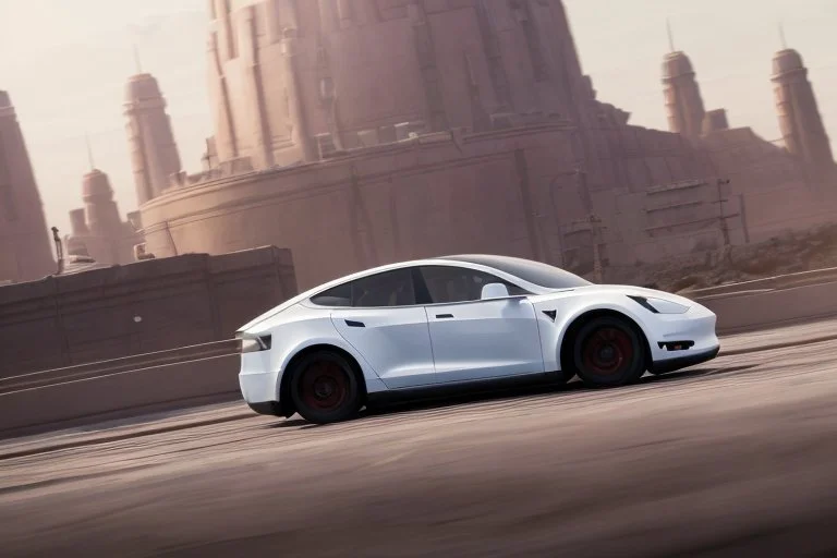 A Tesla 'Model S' is racing at top speed, in the 'Cloud City' of Bespin. CINEMATIC. WIDE ANGLE LENS. PHOTO REAL.