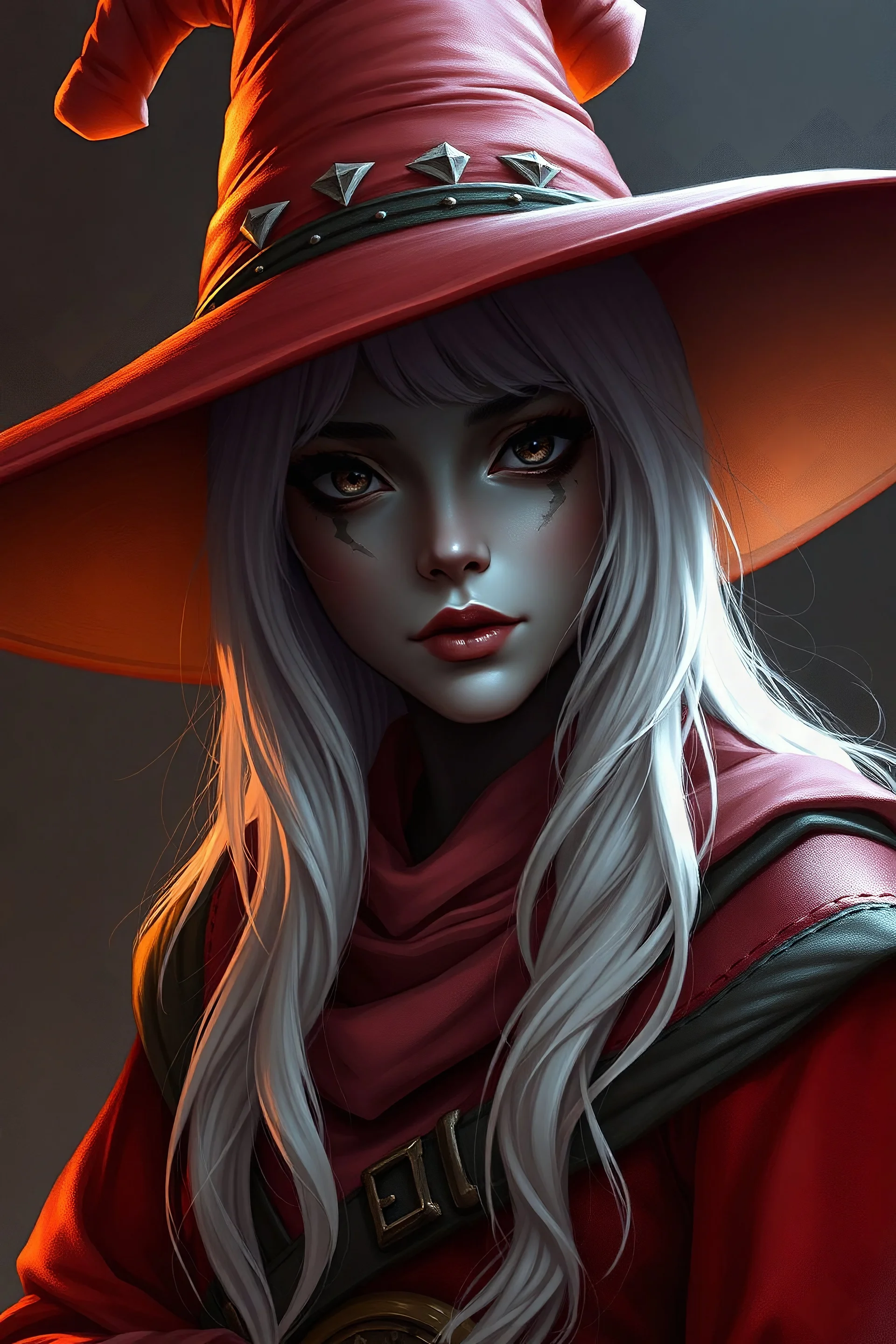 portrait dnd gnome, obsidian marble skin, white hair, ultra wide-brim hat, female, wizard, red