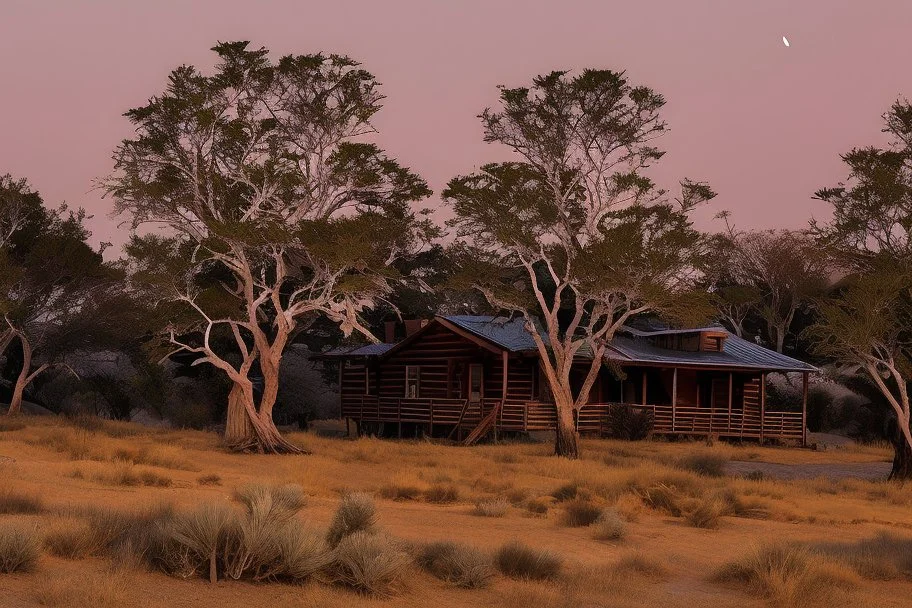 Dry trees, night, full moon, cabin, yard with flowers, fence, photo hd