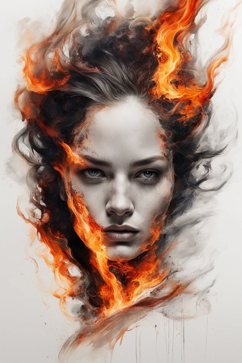 art, abstract, portrait of a woman with burning edges, white background, (intense and emotional visual experience:1.5), (captivating and fiery ambiance:1.3), (dramatic and captivating essence:1.2), (fiery details:1.3)