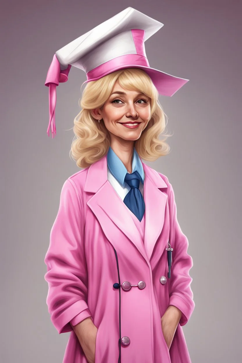 Een dom blondje die haar dokterdiploma heeft gekregen dankzij CHATGPT. Straalt domheid uit. Haar graduation outfit is volledig roze. Karikaturaal, carnavalesk, er zijn dokterattributen, denk legally blind en greys anantomy Dokter moet duidelijk zijn. Ze is lelijk, veel koninklijker, grootser, giganttisch, echt carnaval. Hoed is echt groot en karikaturaal, moet wel nog steeds graduation hoed zijn. De vest is dicht, tinten blauw, graduation sjaal, velvet en glinster out, toga