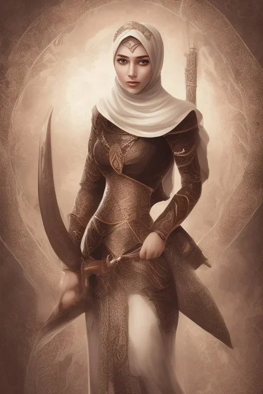 portrait lady grey arab warrior, hijab, mosque background, gun