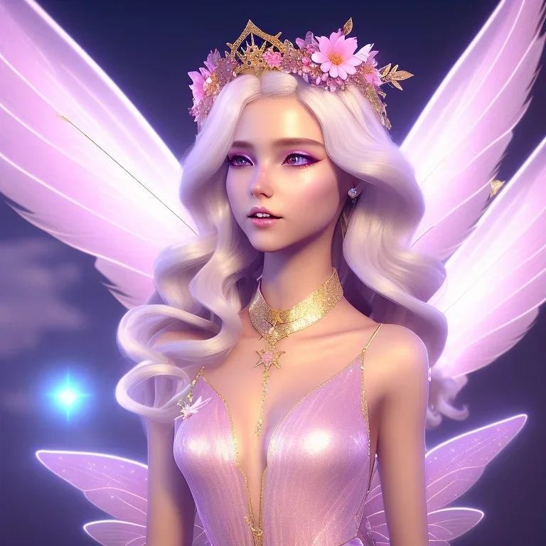 cute fantasy fairy with luminous wings, smiling, make up, long platinum blond hair with crown and flowers, pink dress, unreal engine