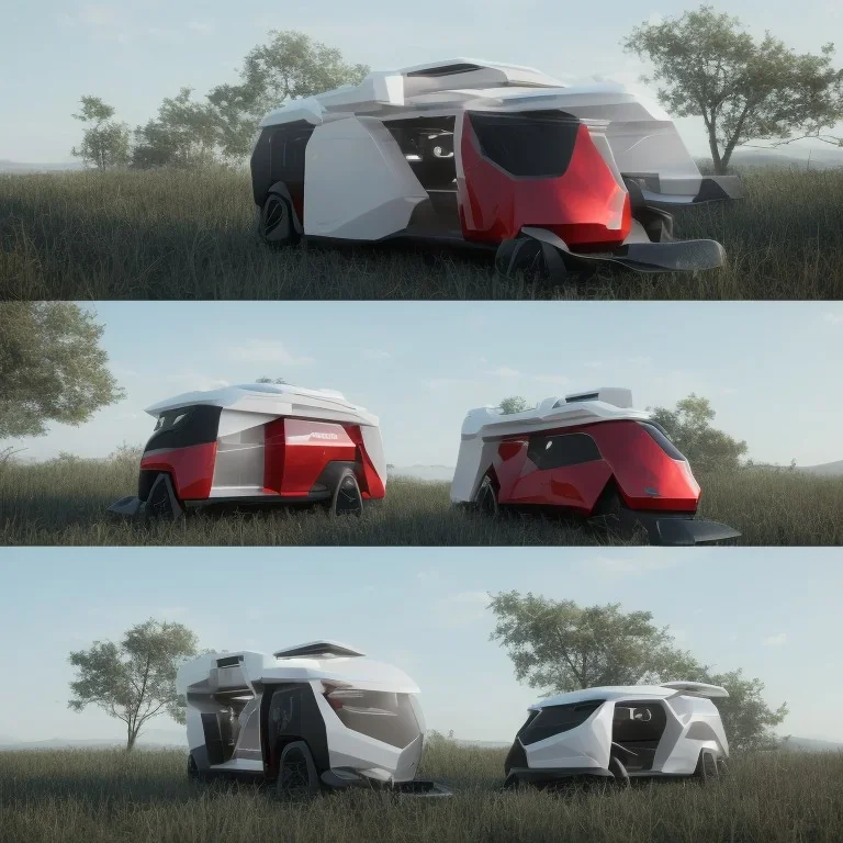 An electric recreational vehicle, an autonomous concept vehicle, which turns from a vehicle into a small house