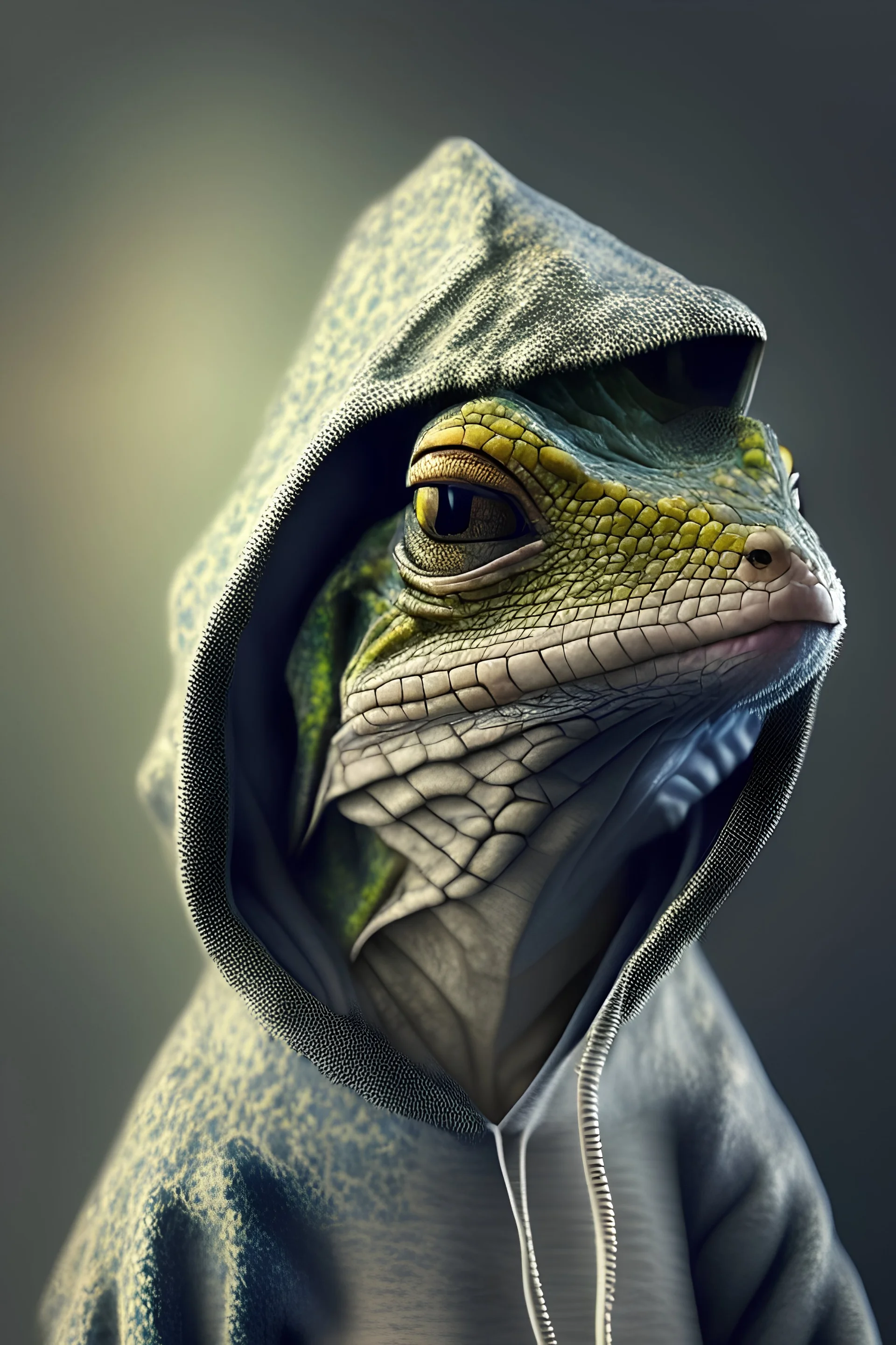 lizard with hoodie, with a very photo realistic output