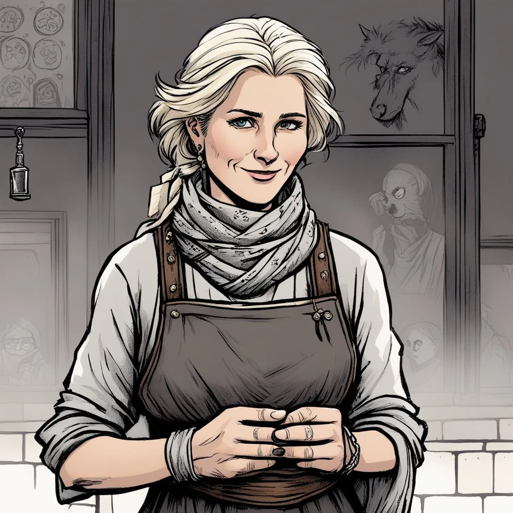 [illustration by Kevin Eastman and Peter Laird] Eliza is a middle-aged woman with a kind face and gentle eyes. Her once blonde hair has faded to a soft grey, often hidden beneath a simple scarf. She dresses plainly, in a simple tunic and skirt, with a heavy apron to protect her clothes from the various remedies and potions she works with. Eliza is known throughout Millbrook for her healing skills, having trained with the town's previous healer for many years before taking over the practice. Sh
