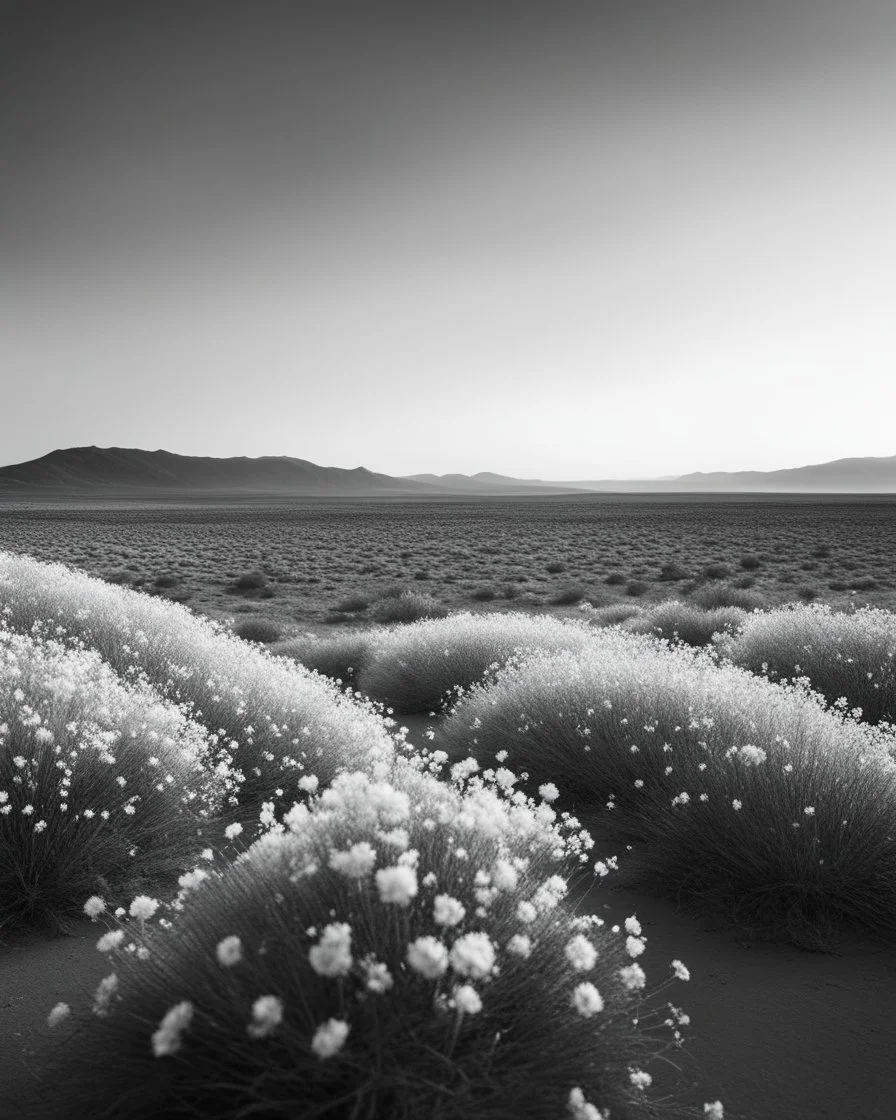 ULTRA REALISTIC, B&W Photograph, Atomic cloud made of WHITE FLOWERS, in the distance in the desert, at Golden Hour, cinematic, cinematic shot, dynamic composition, details, intricate detail, professional lighting, film lighting, 35mm, anamorphic, lightroom, cinematography, bokeh, lens flare, film grain, hdr10, 8k, Roger Deakins, incredibly detailed, reflect, sharpen