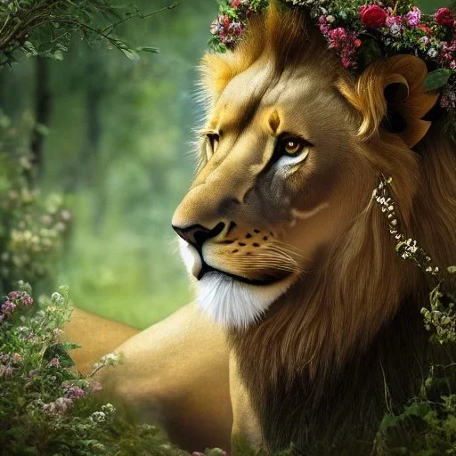 Young beautiful girl and majestic, stunning lion on nature forest path, floral crown on girl, majestic lion, Chronicles of Narnia, 8k resolution, high-quality, fine-detail, iridescent, intricate, digital art, detailed matte, volumetric lighting, beautiful, illustration, 3D octane render, brian froud, howard lyon, selina french, anna dittmann, annie stokes, lisa parker, greg rutowski,