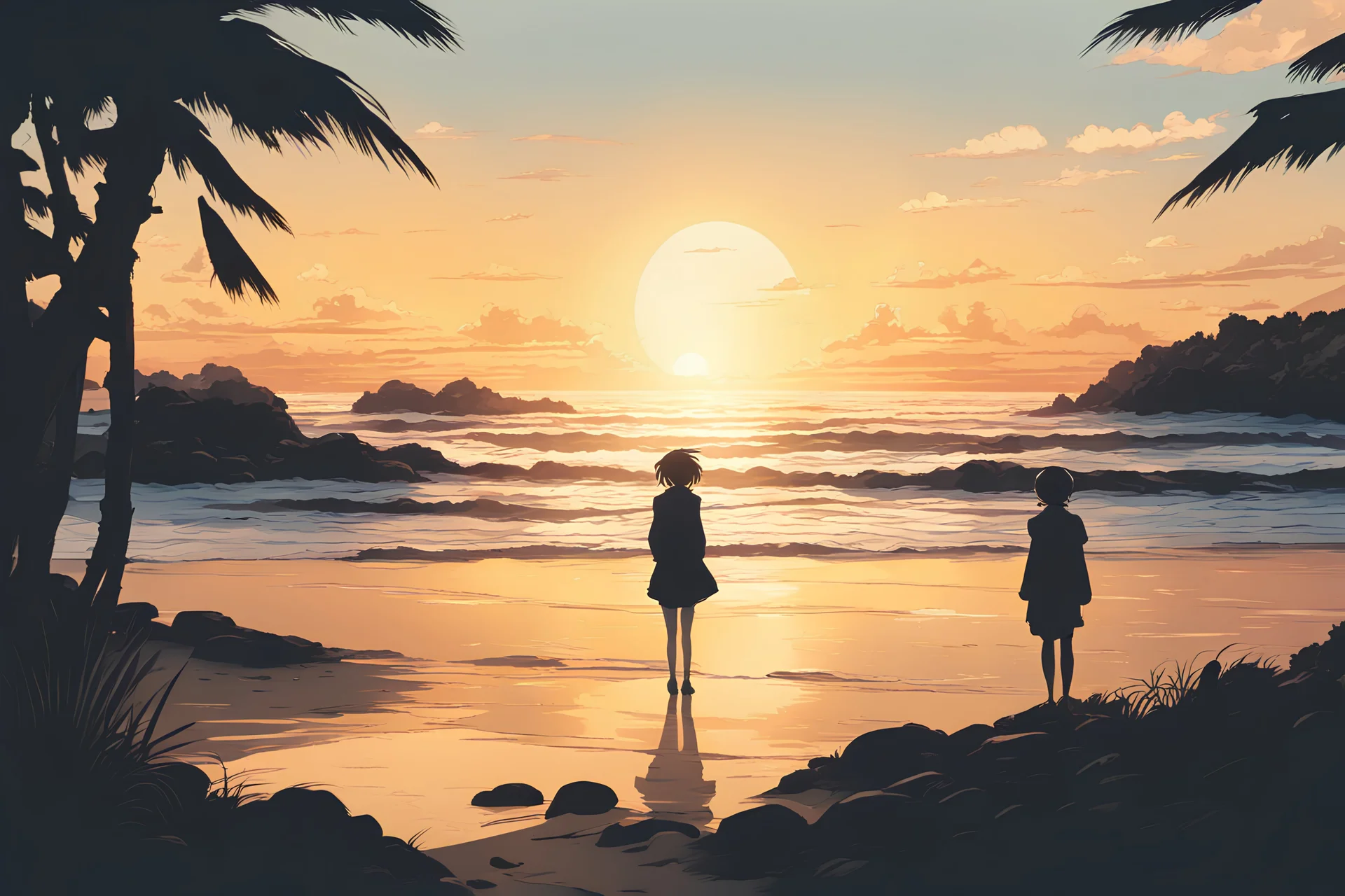 Beach view, golden hour , ghibli artstyle, all in silhouette