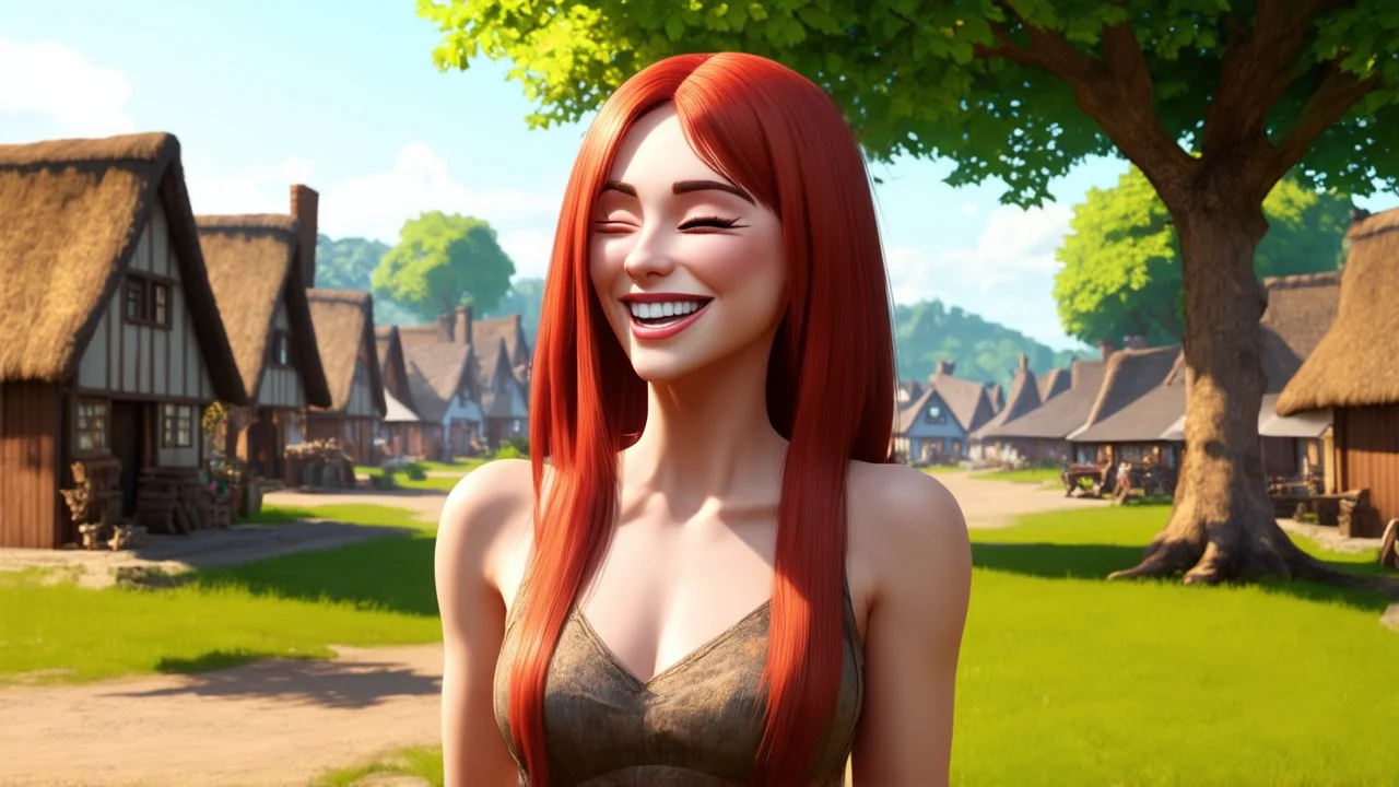 A photorealistic image of a red-haired, slender fantasy woman, winking and smiling, standing in a village common, surrounded by many thatched cottages and shops, under a large tree, early in the morning.