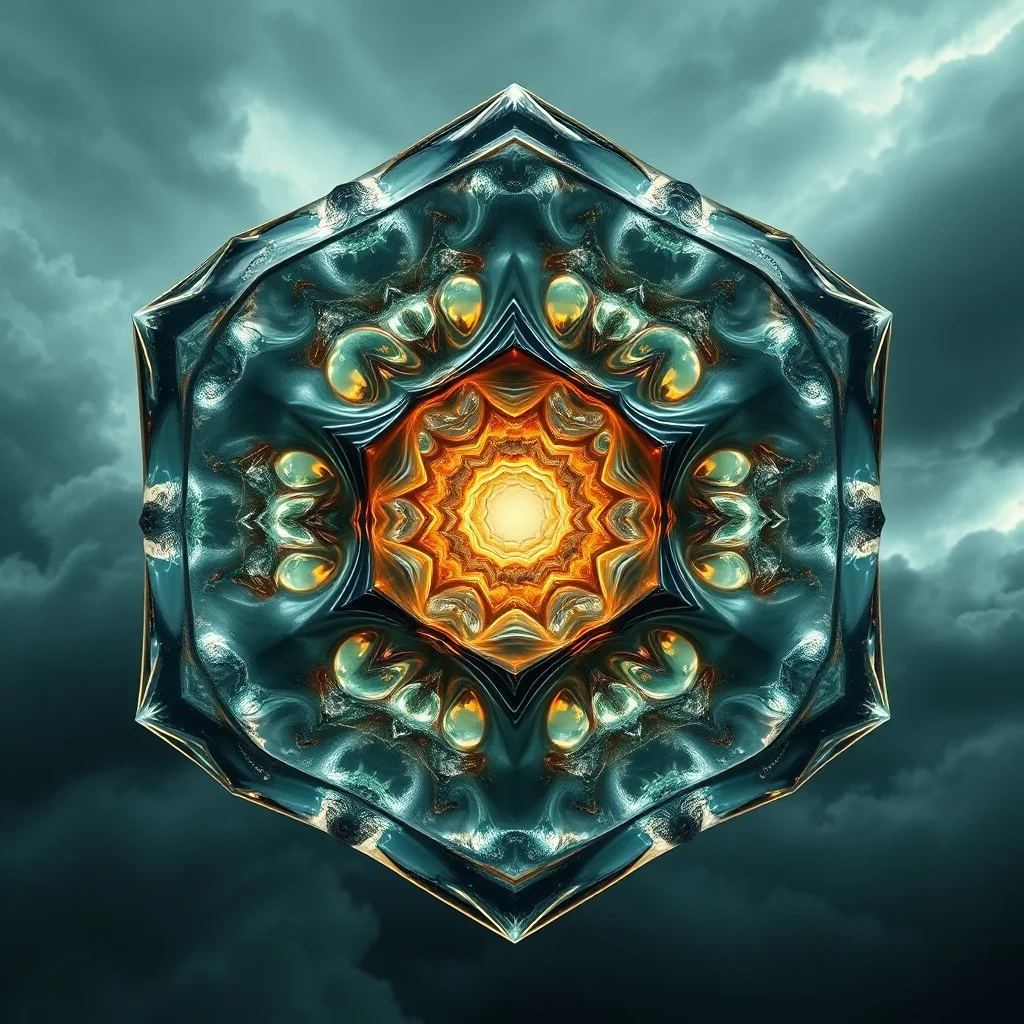 Dynamic hypnotic fractal 3D structures pentagonal Symmetry and morphing between organic and geometric forms , smooth translucent iridescent glass with inner glow and bubbles, varied transparent materials, stormy skies, intense dramatic