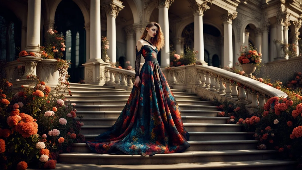 stunning fashion photo of a woman stands nice stairs best pose in extreme weird dress in garden, her is perfect beauty face, perfect full body, sunshine, , lace, deep colors, fine flower patterns, geometric, high detailed, sharp focus, stunning weird fashion, futuristic-Rococo style, best quality , professional photographer, best nikon shoot